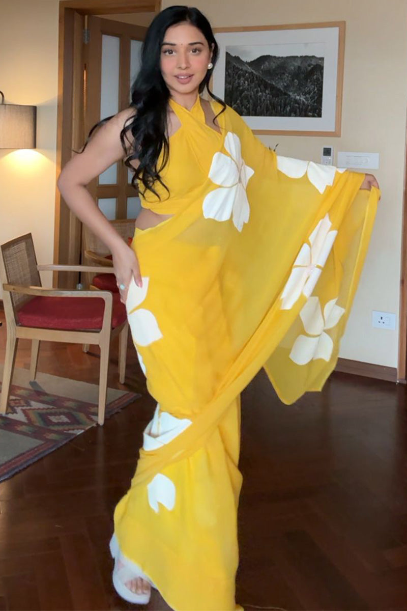 Piquant 1-Minute Ready To Wear Yellow Georgette Saree - thelotusfab