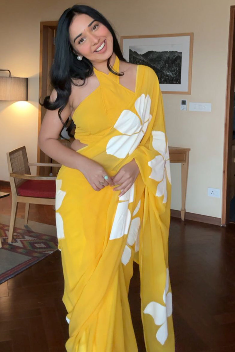 Piquant 1-Minute Ready To Wear Yellow Georgette Saree - thelotusfab