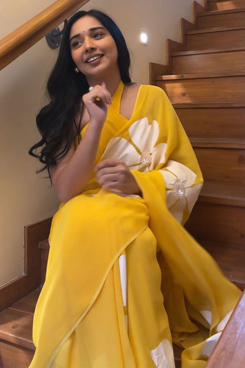 Piquant 1-Minute Ready To Wear Yellow Georgette Saree - thelotusfab