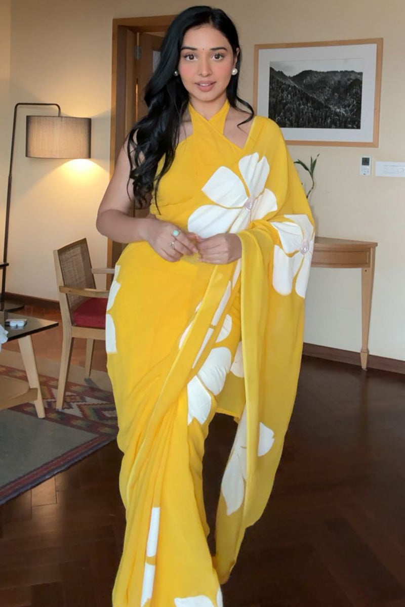 Piquant 1-Minute Ready To Wear Yellow Georgette Saree - thelotusfab