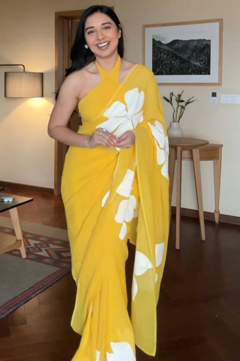 Piquant 1-Minute Ready To Wear Yellow Georgette Saree - thelotusfab