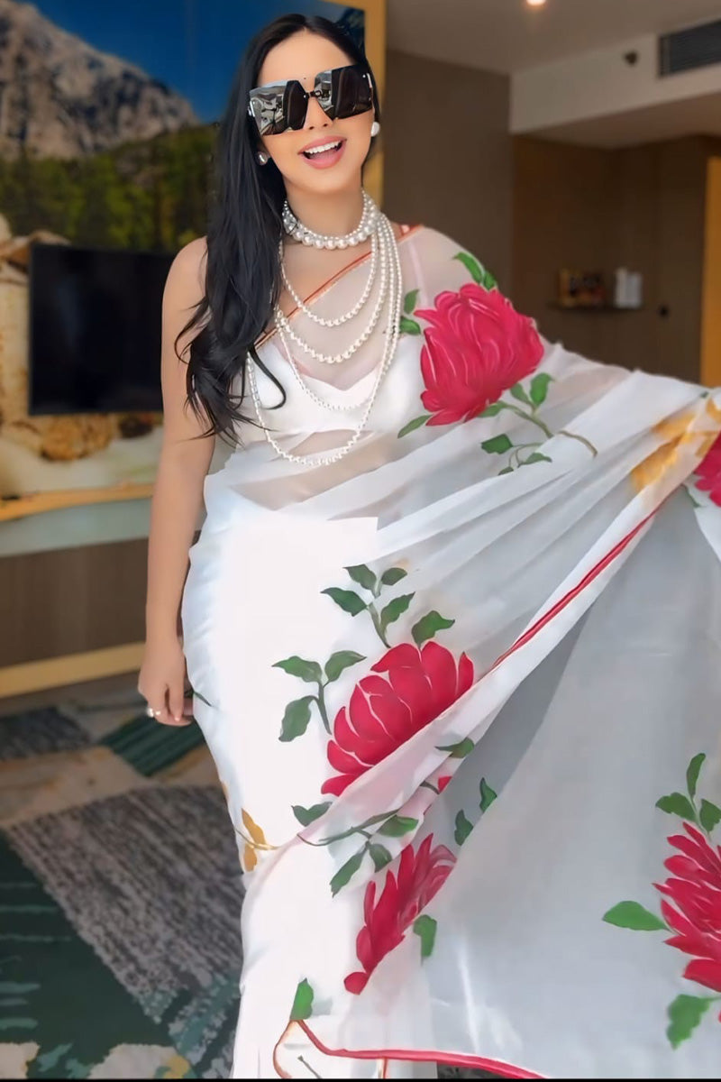 Mellifluous 1-Minute Ready To Wear White Georgette Saree - thelotusfab