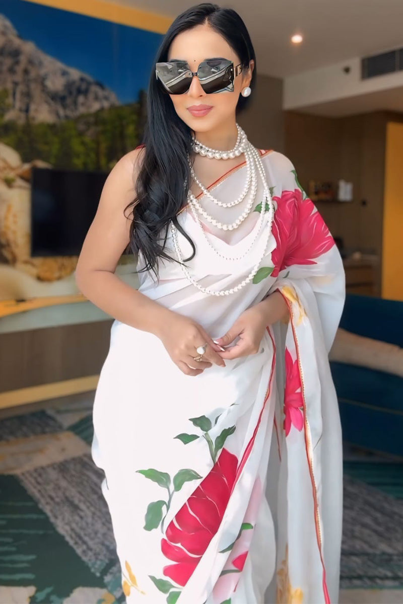 Mellifluous 1-Minute Ready To Wear White Georgette Saree - thelotusfab