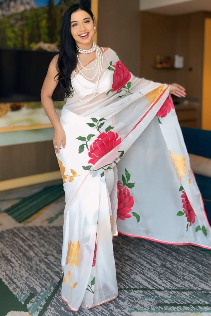 Mellifluous 1-Minute Ready To Wear White Georgette Saree - thelotusfab