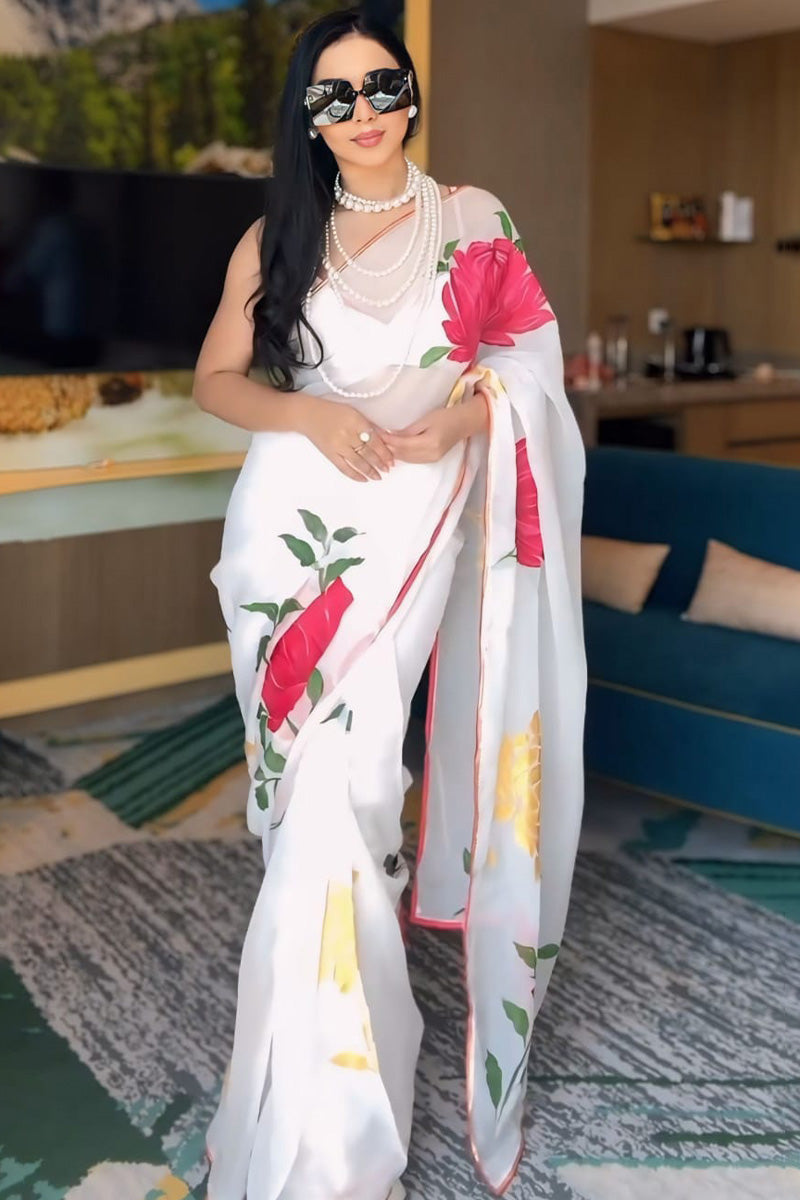 Mellifluous 1-Minute Ready To Wear White Georgette Saree - thelotusfab