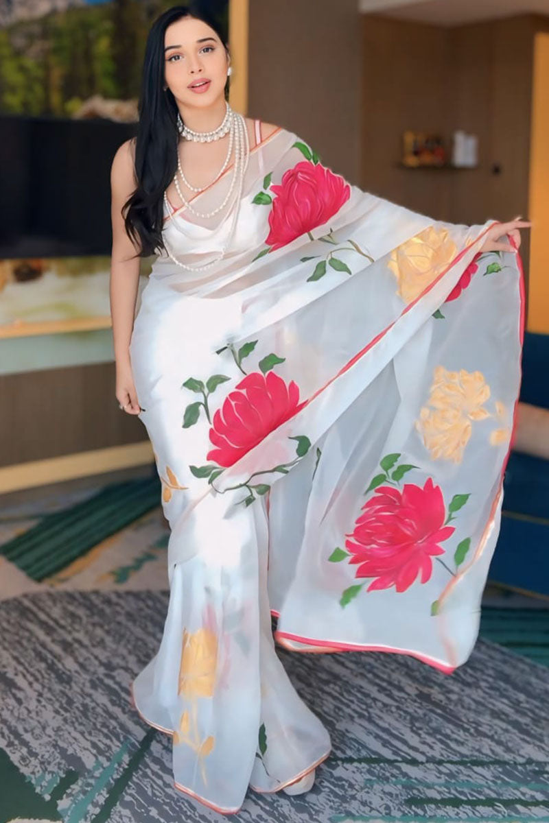 Mellifluous 1-Minute Ready To Wear White Georgette Saree - thelotusfab