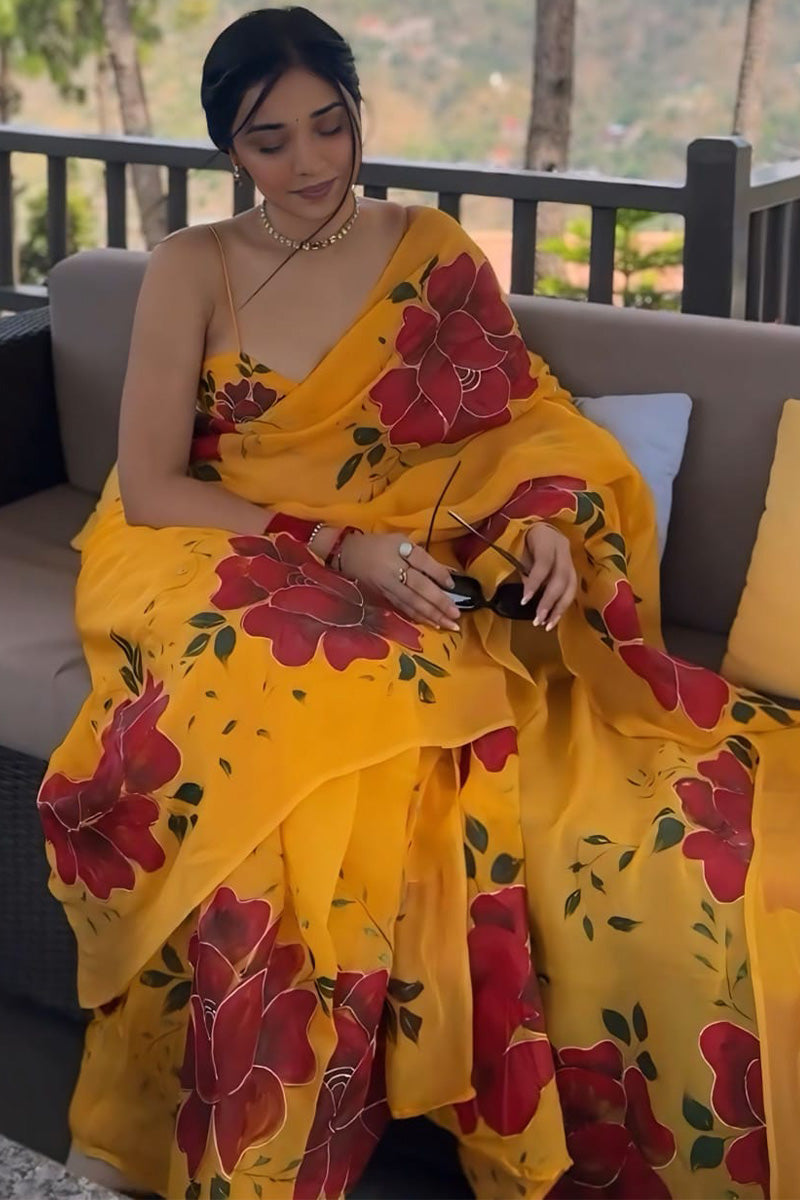 Embellished 1-Minute Ready To Wear Yellow Georgette Saree - thelotusfab