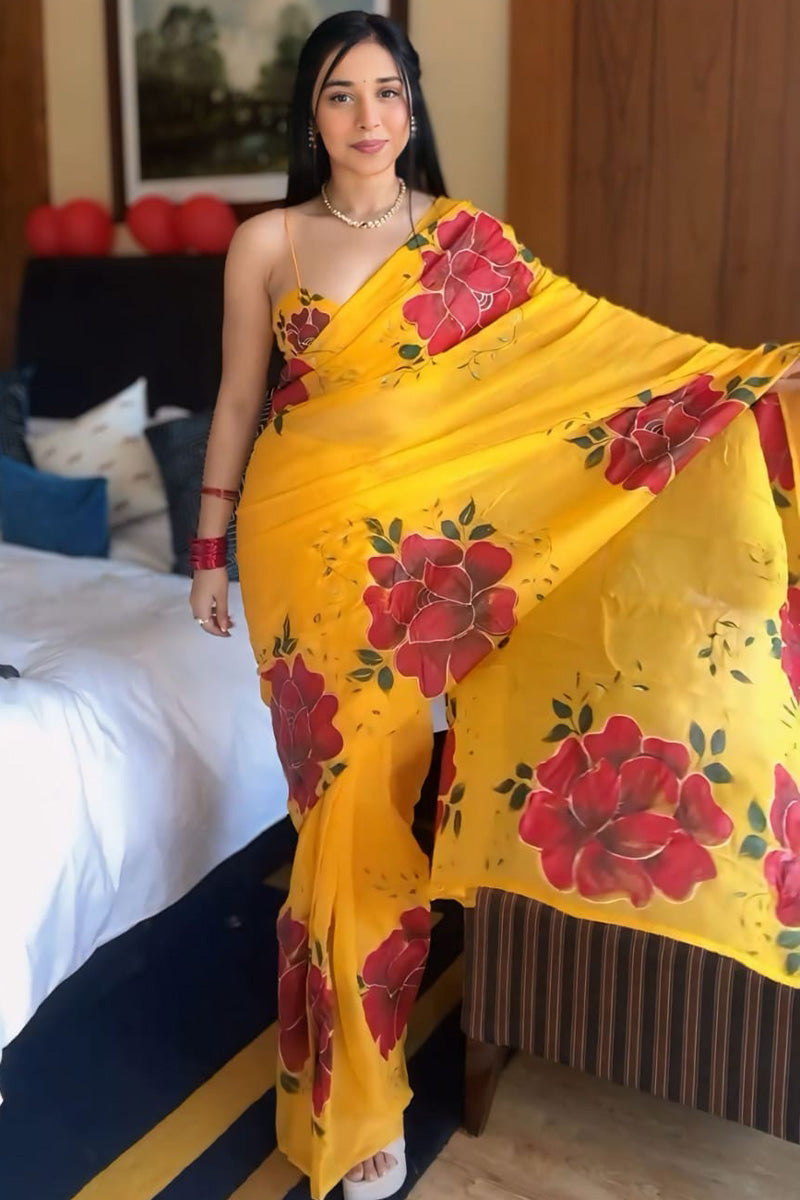 Embellished 1-Minute Ready To Wear Yellow Georgette Saree - thelotusfab