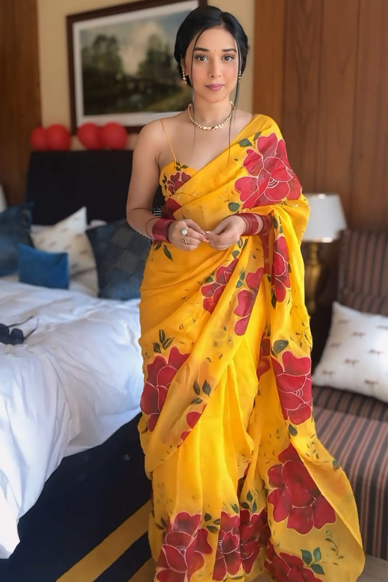 Embellished 1-Minute Ready To Wear Yellow Georgette Saree - thelotusfab