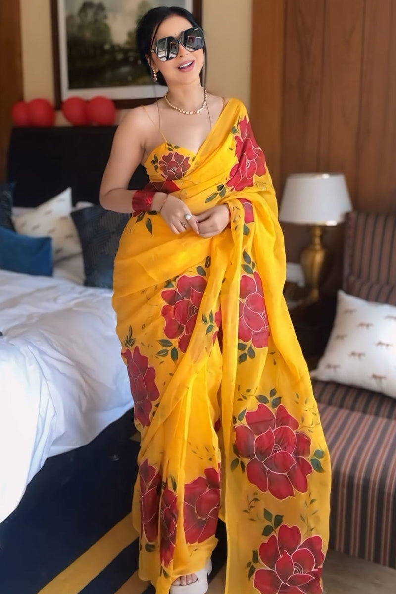 Embellished 1-Minute Ready To Wear Yellow Georgette Saree - thelotusfab