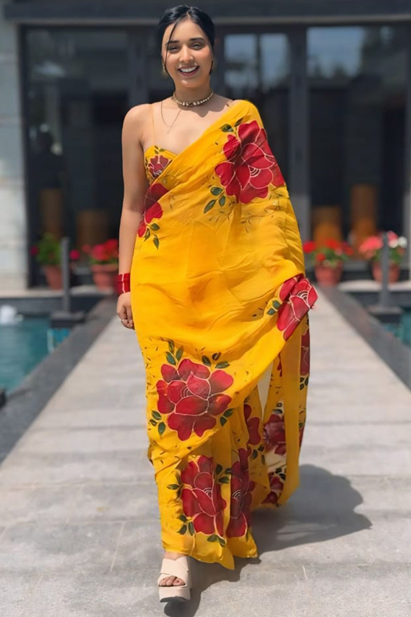 Embellished 1-Minute Ready To Wear Yellow Georgette Saree - thelotusfab