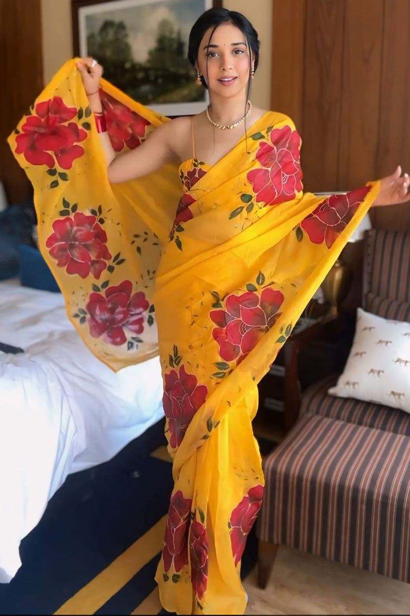 Embellished 1-Minute Ready To Wear Yellow Georgette Saree - thelotusfab