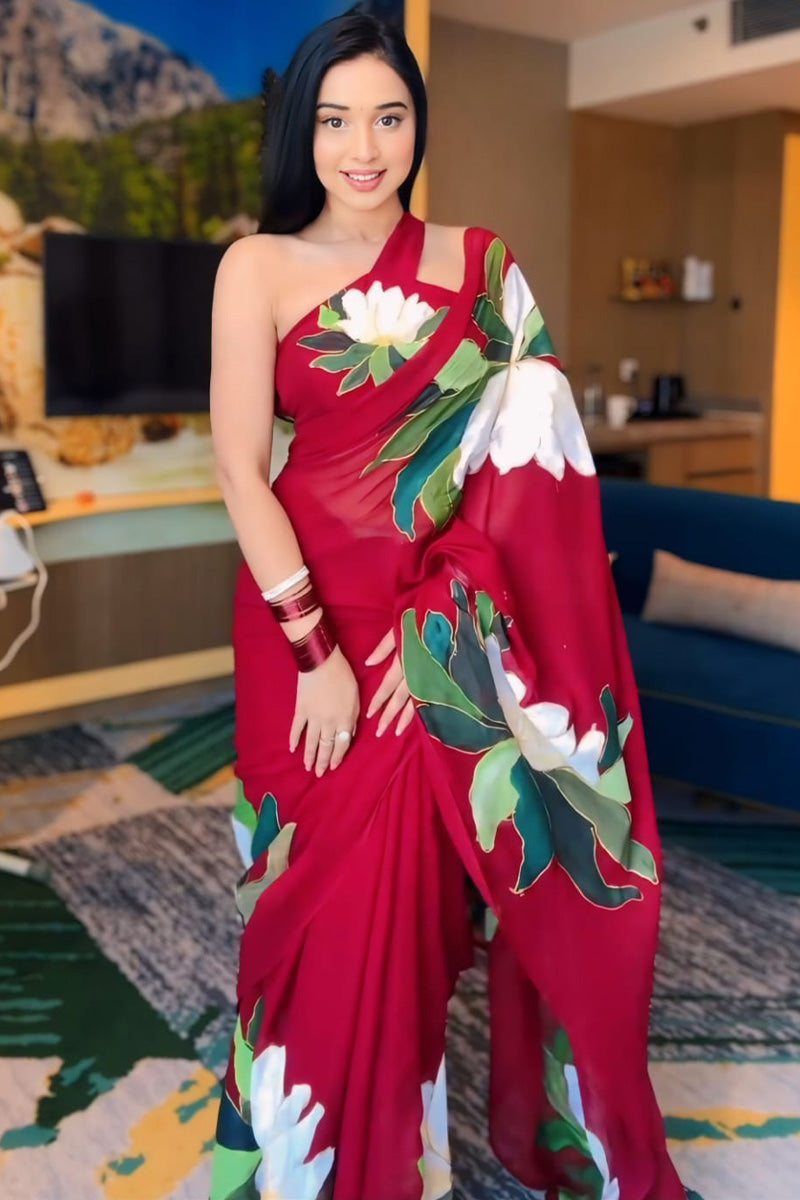 Scintillating 1-Minute Ready To Wear Red Georgette Saree - thelotusfab