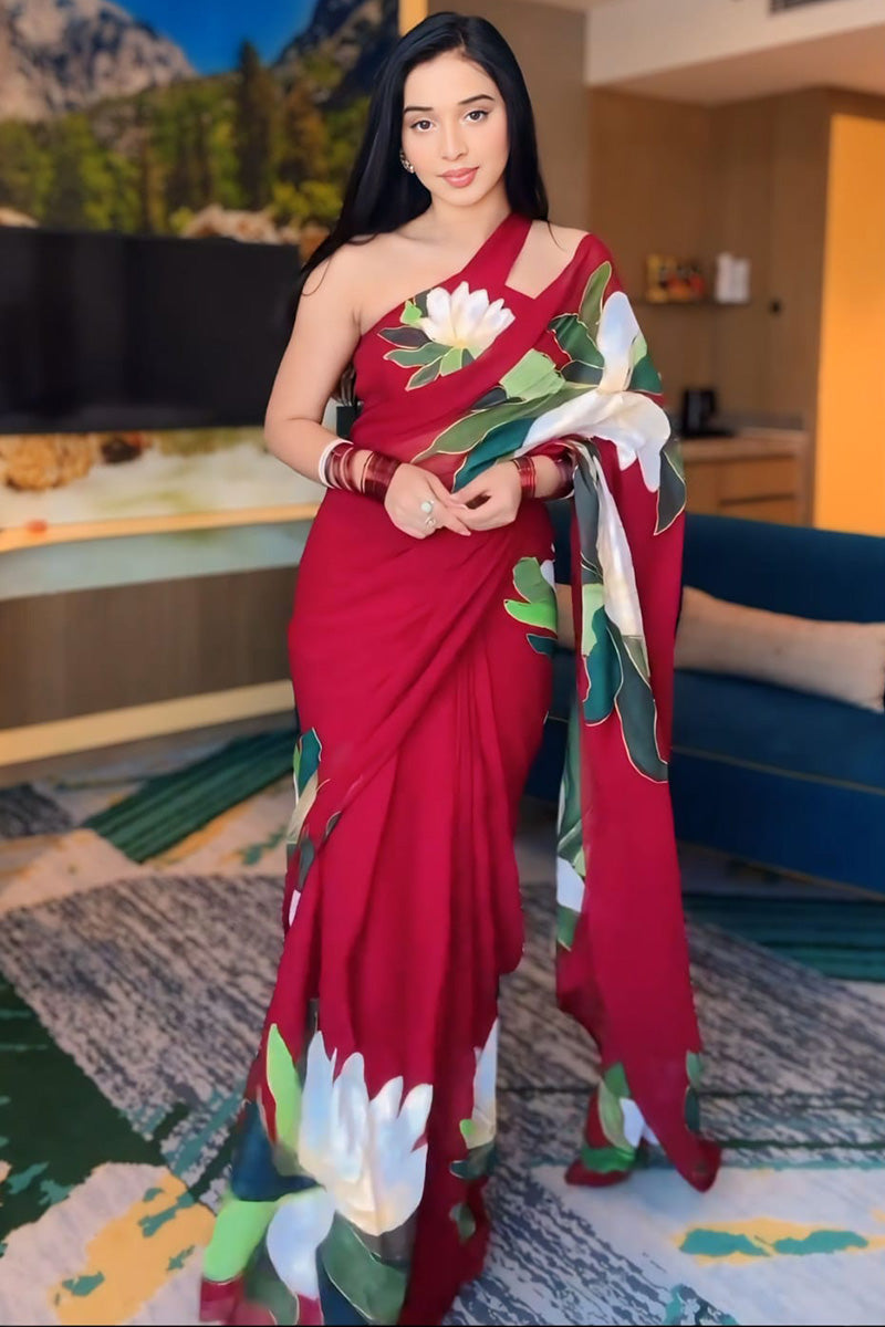 Scintillating 1-Minute Ready To Wear Red Georgette Saree - thelotusfab