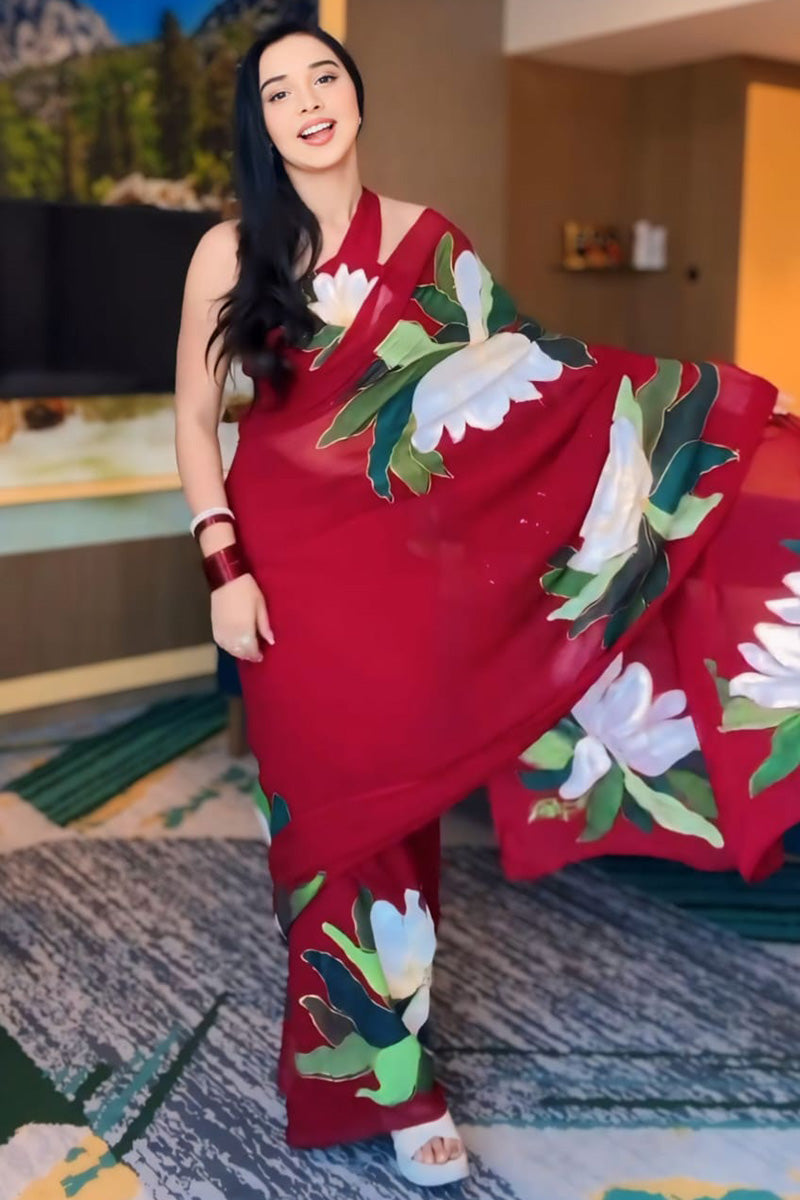 Scintillating 1-Minute Ready To Wear Red Georgette Saree - thelotusfab