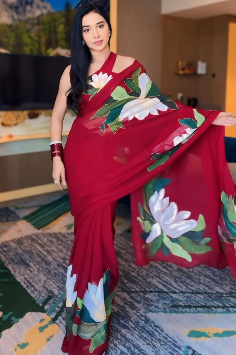 Scintillating 1-Minute Ready To Wear Red Georgette Saree - thelotusfab