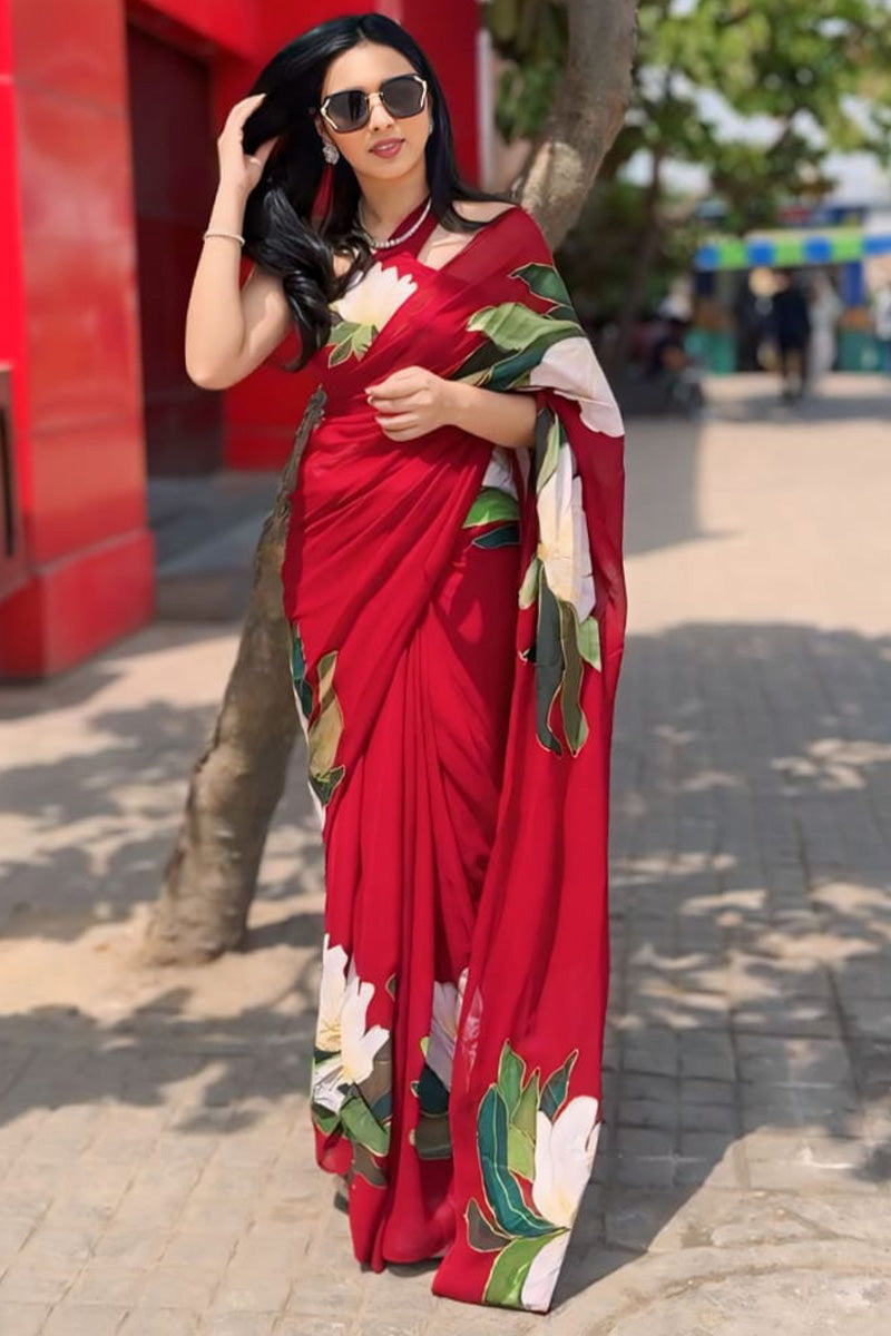 Scintillating 1-Minute Ready To Wear Red Georgette Saree - thelotusfab