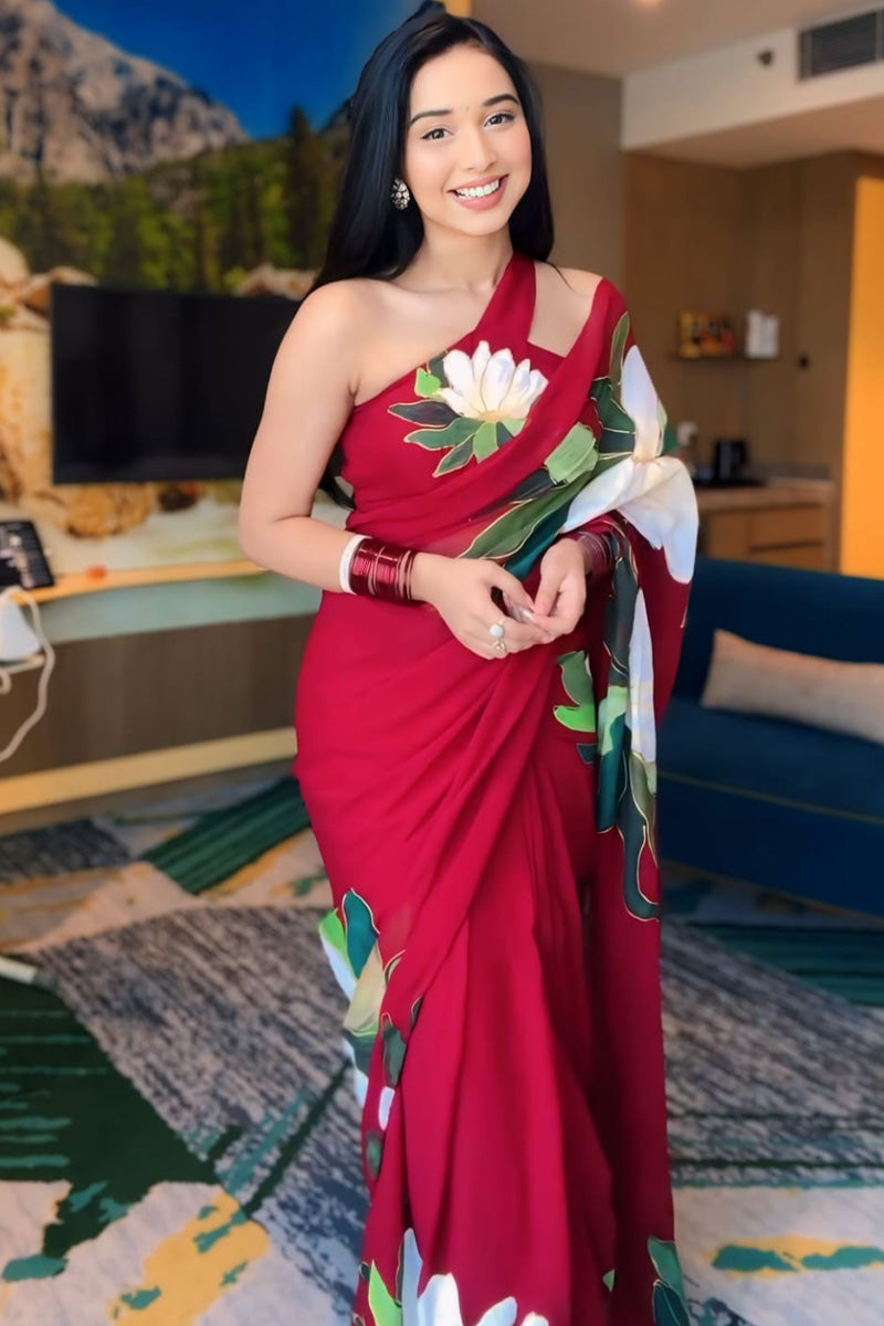 Scintillating 1-Minute Ready To Wear Red Georgette Saree - thelotusfab