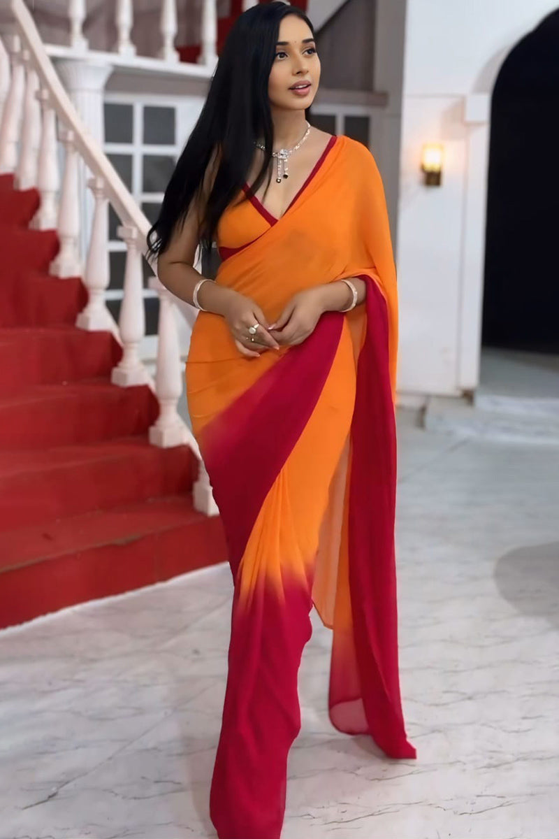 Delightful 1-Minute Ready To Wear Yellow and Red Georgette Saree - thelotusfab