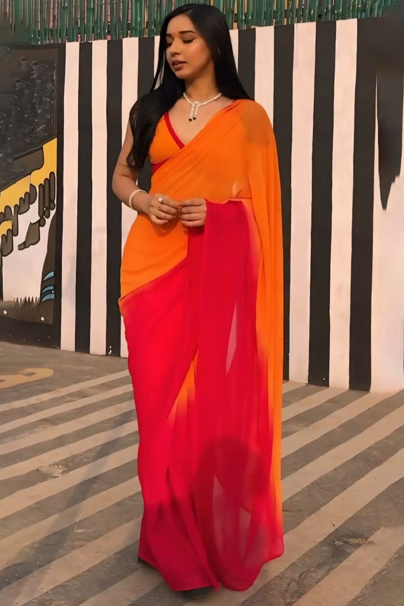 Delightful 1-Minute Ready To Wear Yellow and Red Georgette Saree - thelotusfab