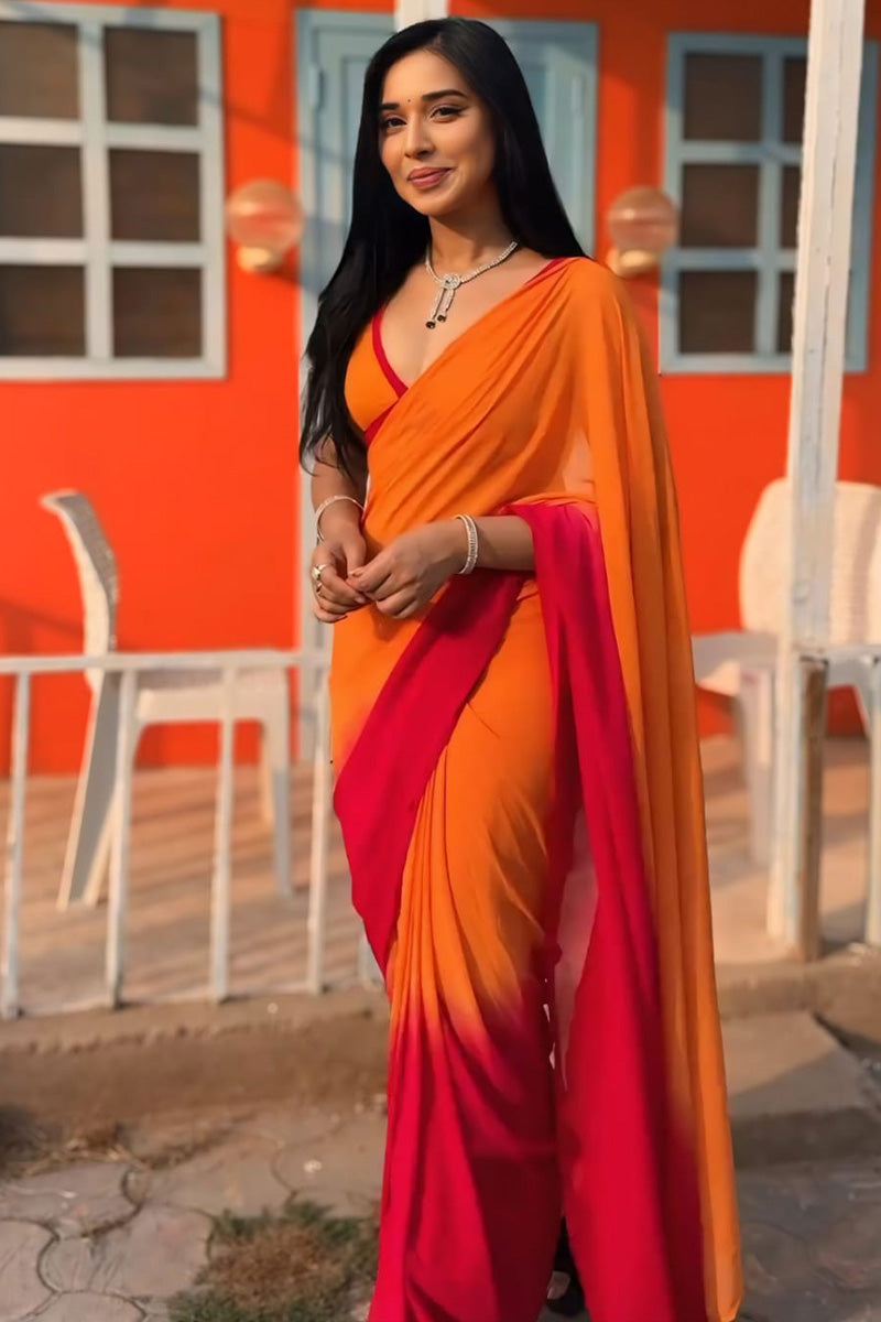 Delightful 1-Minute Ready To Wear Yellow and Red Georgette Saree - thelotusfab