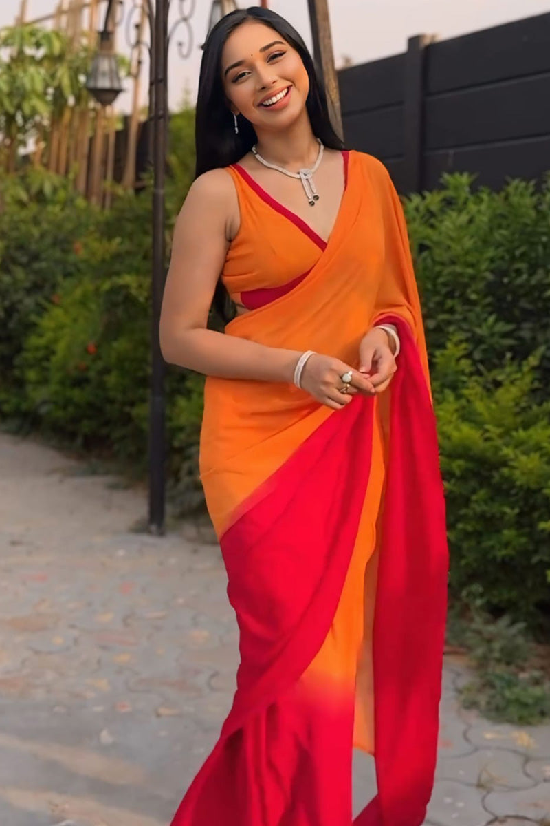 Delightful 1-Minute Ready To Wear Yellow and Red Georgette Saree - thelotusfab