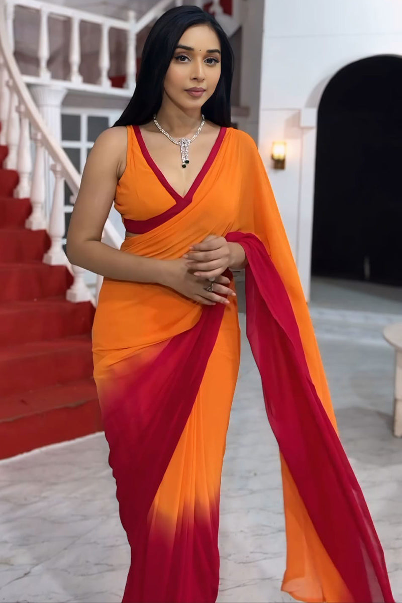 Delightful 1-Minute Ready To Wear Yellow and Red Georgette Saree - thelotusfab