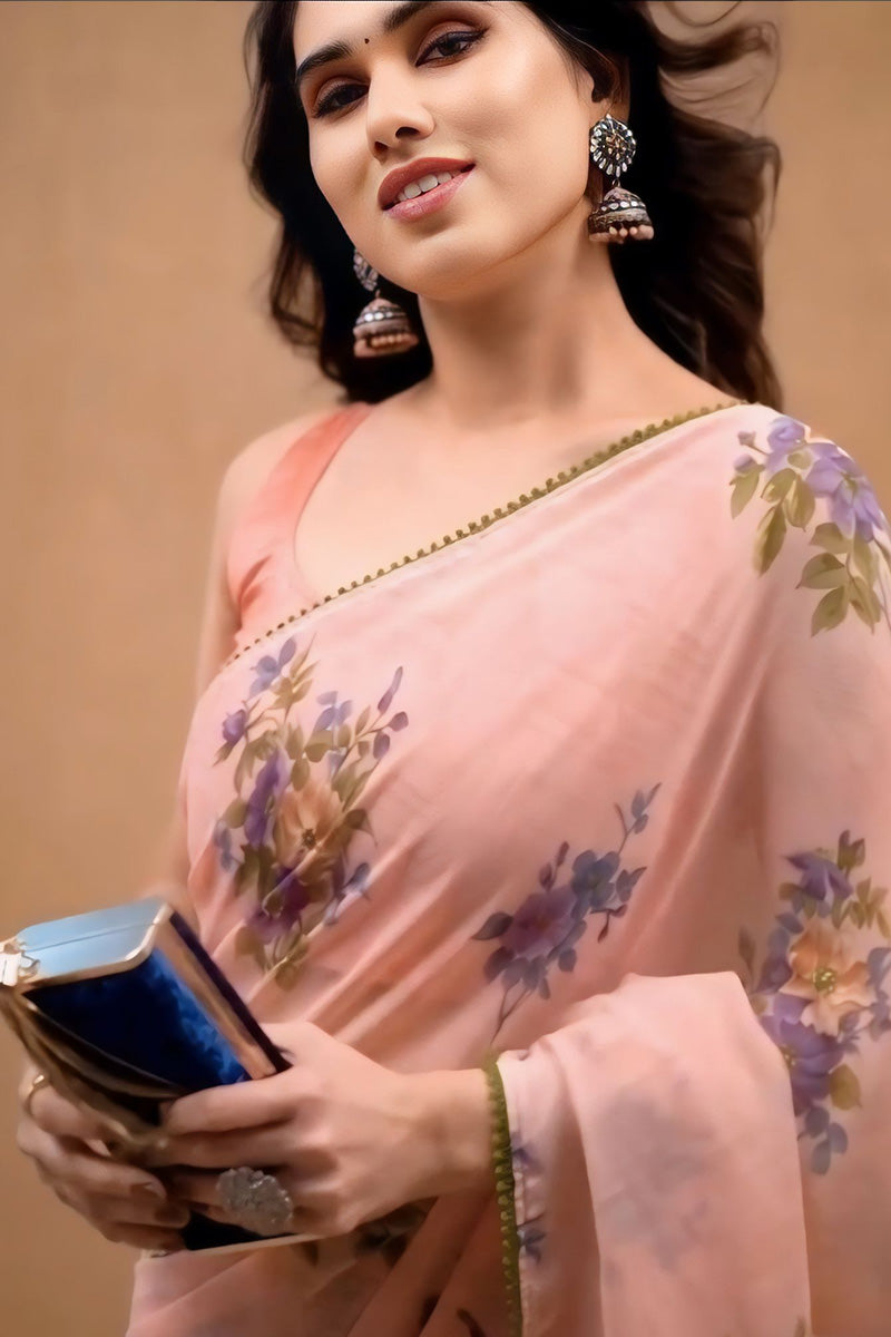 Elegant 1-Minute Ready To Wear Peach Georgette Saree - thelotusfab