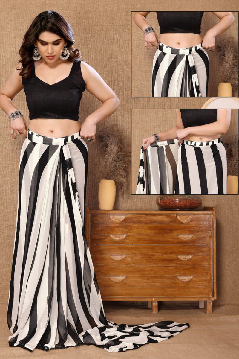 Desultory 1-Minute Ready To Wear White and Black Georgette Saree - thelotusfab