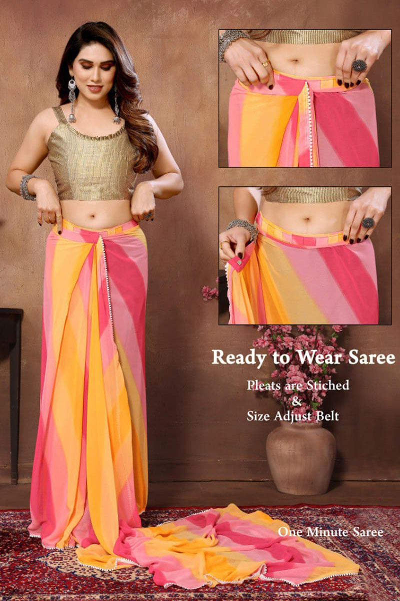 Traditional 1-Minute Ready To Wear Yellow and Pink Georgette Saree - thelotusfab