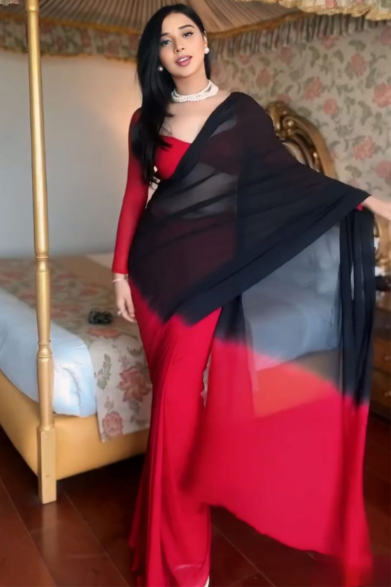 Prettiest 1-Minute Ready To Wear Red and Black Georgette Saree - thelotusfab