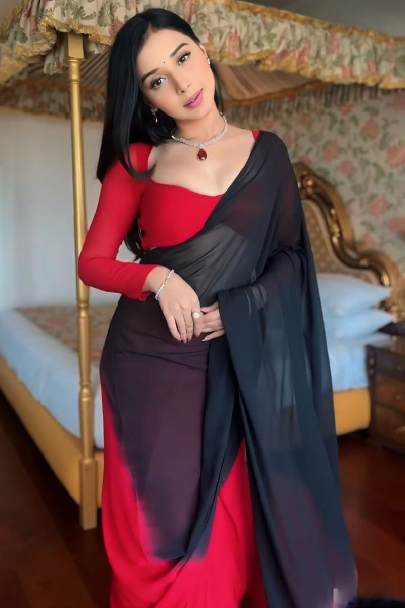 Prettiest 1-Minute Ready To Wear Red and Black Georgette Saree - thelotusfab