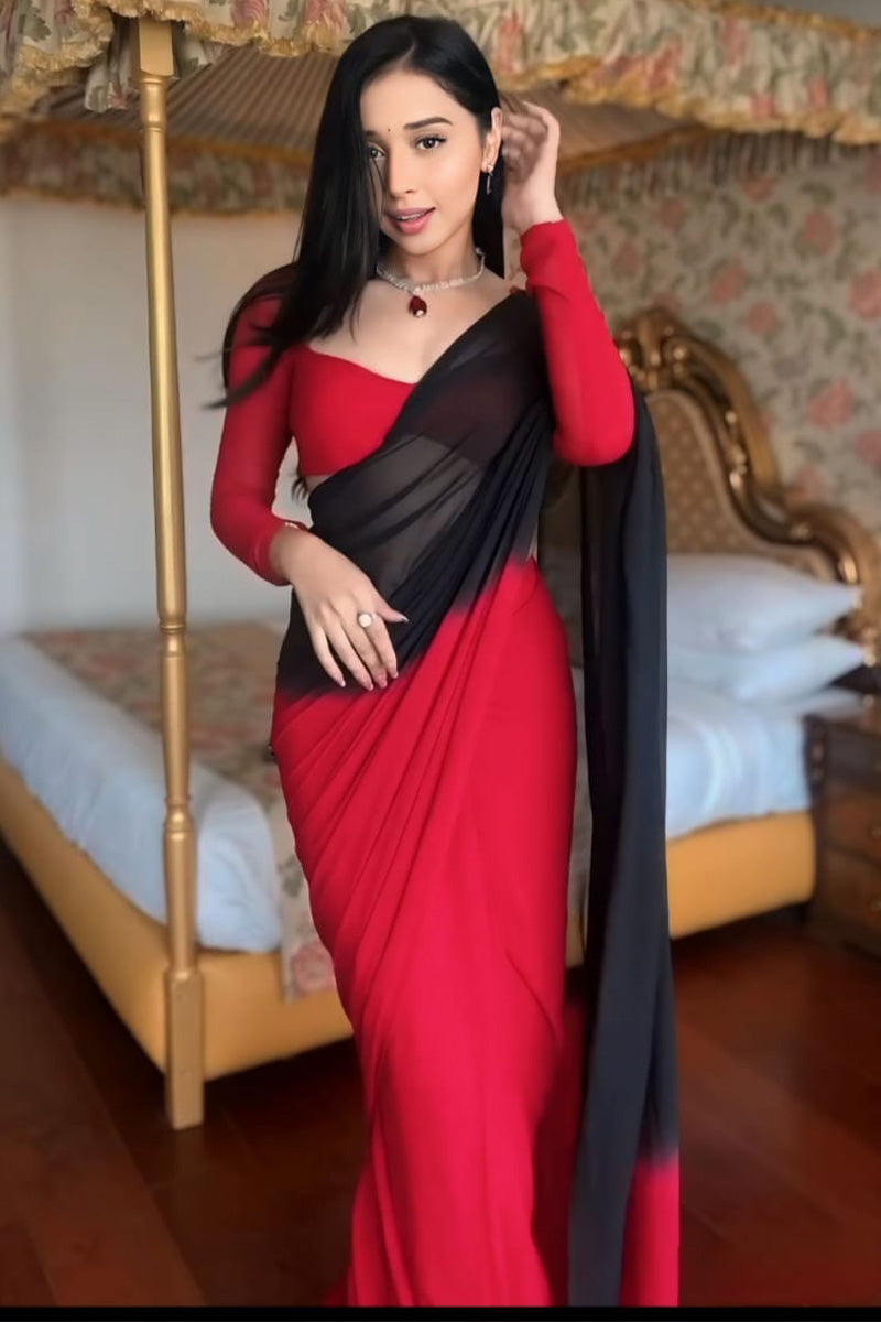 Prettiest 1-Minute Ready To Wear Red and Black Georgette Saree - thelotusfab