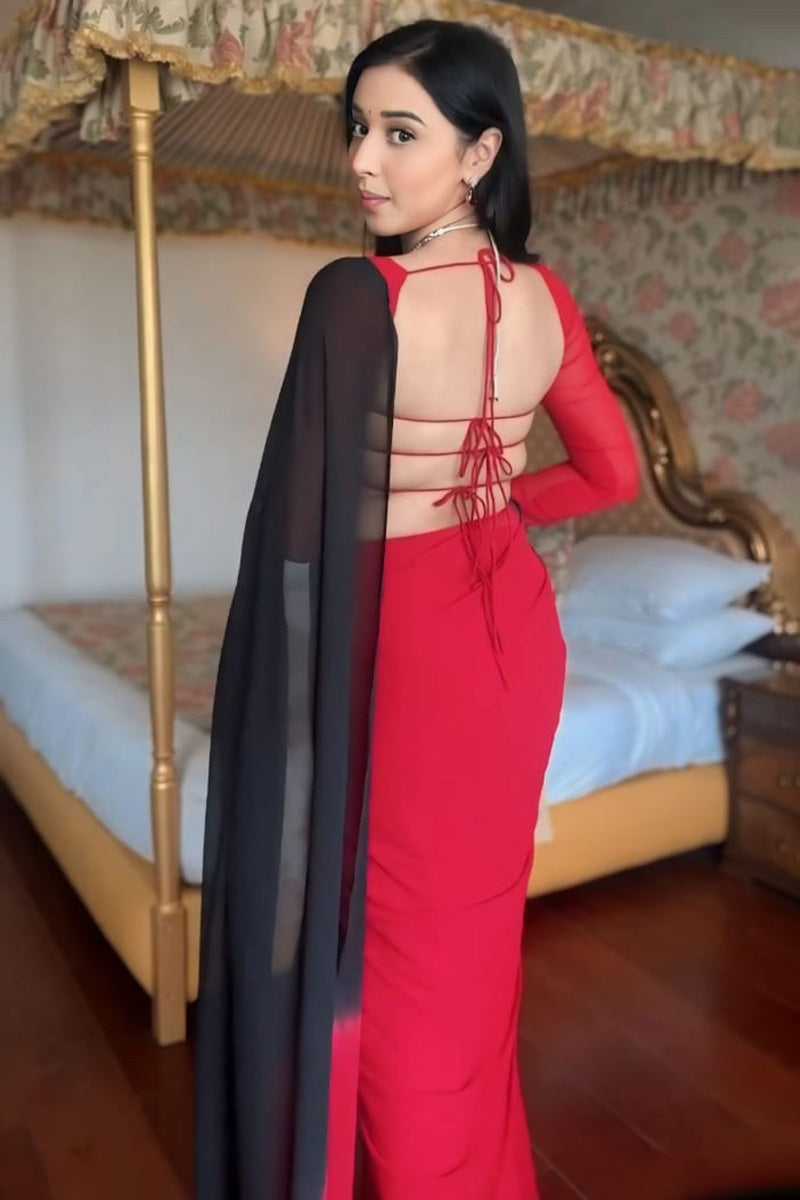 Prettiest 1-Minute Ready To Wear Red and Black Georgette Saree - thelotusfab