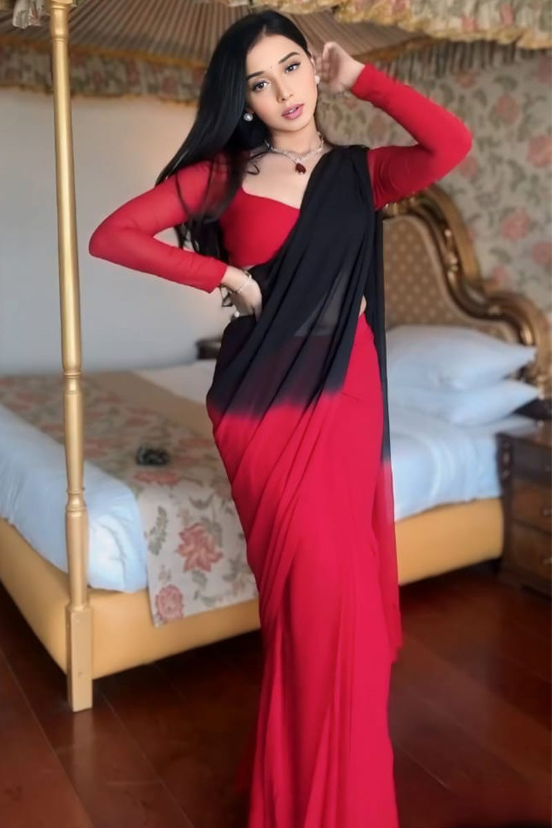 Prettiest 1-Minute Ready To Wear Red and Black Georgette Saree - thelotusfab