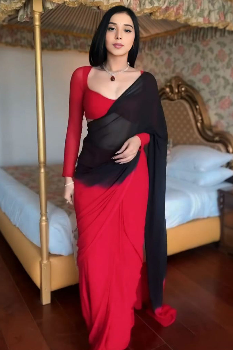 Prettiest 1-Minute Ready To Wear Red and Black Georgette Saree - thelotusfab