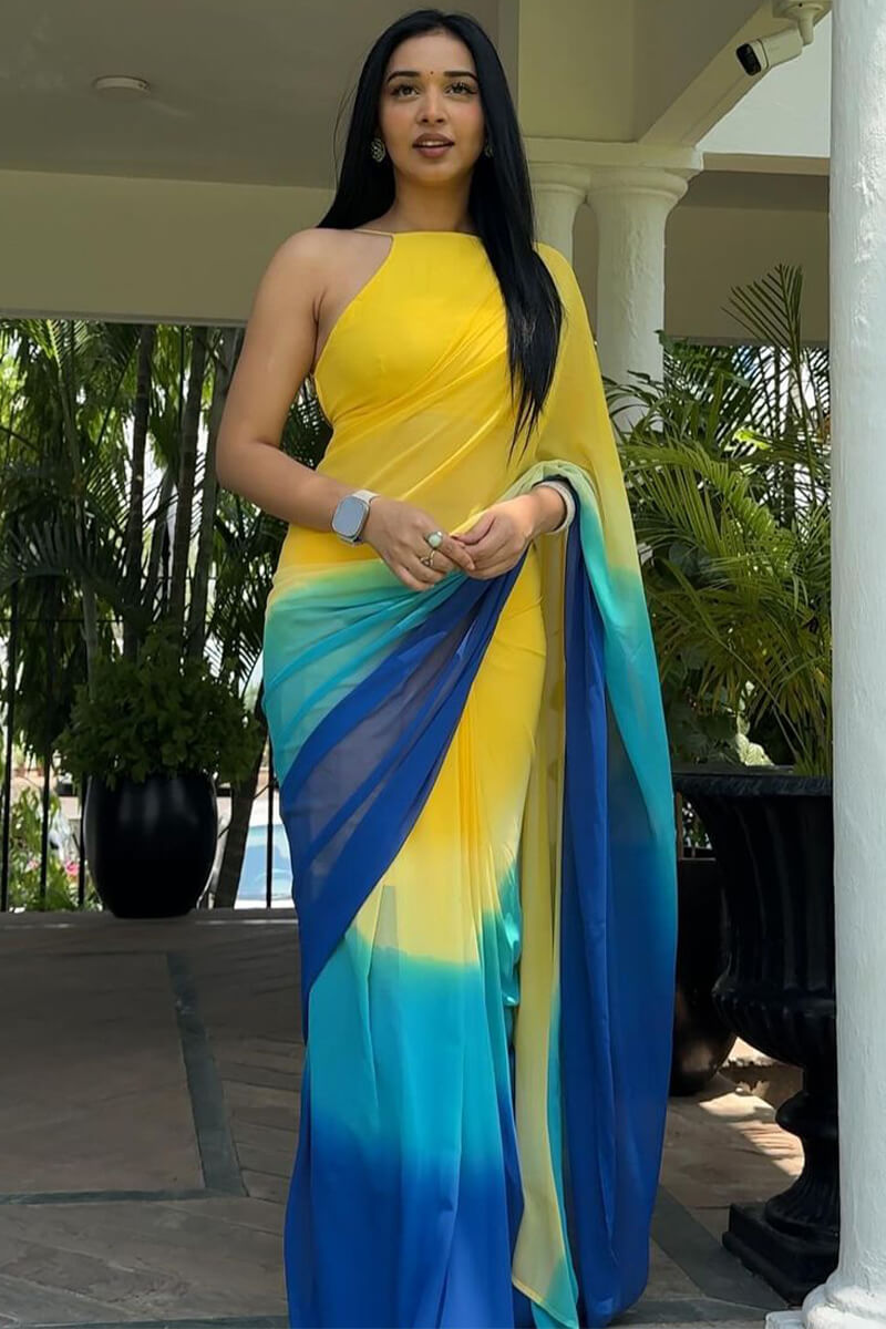 Magnificat  1-Minute Ready To Wear Yellow and Blue Georgette Saree - thelotusfab