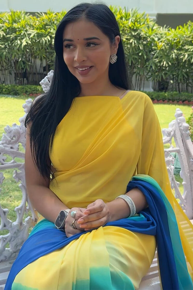 Magnificat  1-Minute Ready To Wear Yellow and Blue Georgette Saree - thelotusfab