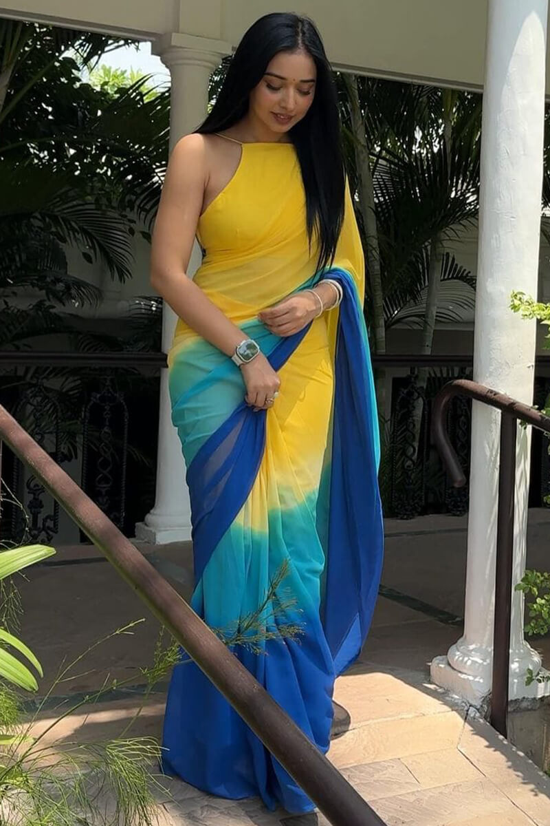 Magnificat  1-Minute Ready To Wear Yellow and Blue Georgette Saree - thelotusfab