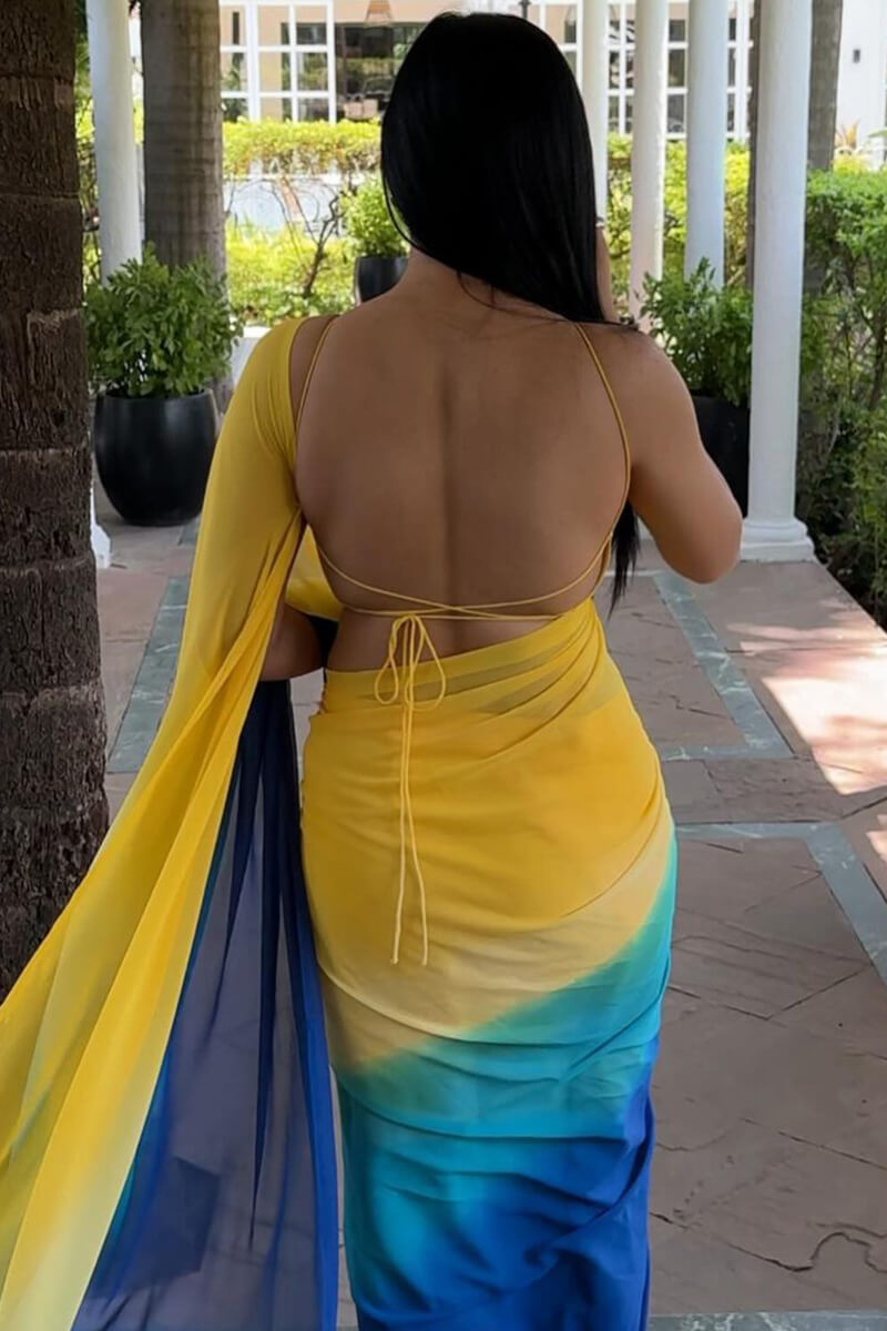 Magnificat  1-Minute Ready To Wear Yellow and Blue Georgette Saree - thelotusfab