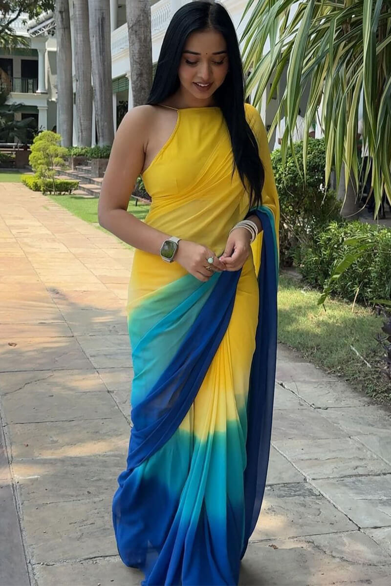 Magnificat  1-Minute Ready To Wear Yellow and Blue Georgette Saree - thelotusfab