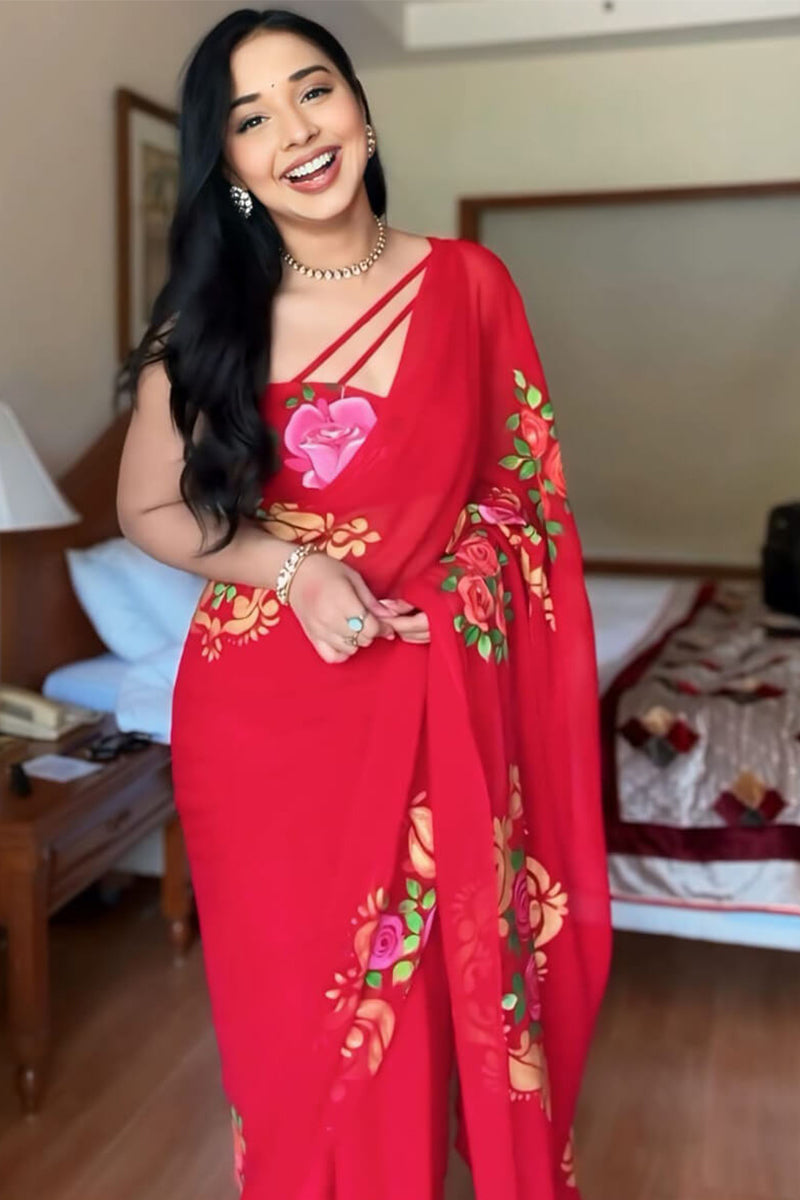 Forbearance 1-Minute Ready To Wear Red Georgette Saree - thelotusfab