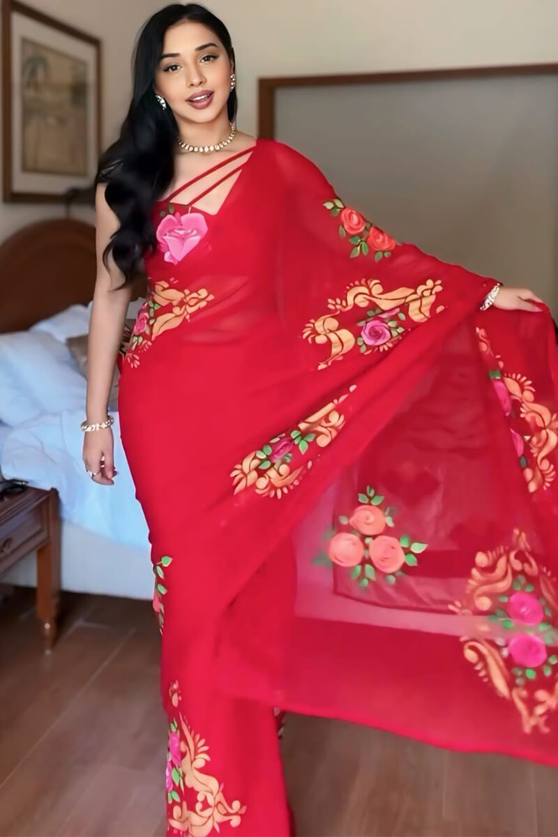 Forbearance 1-Minute Ready To Wear Red Georgette Saree - thelotusfab