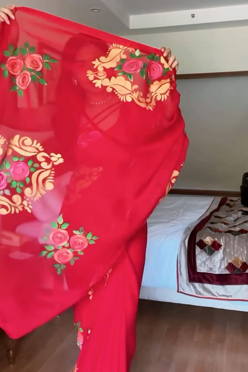 Forbearance 1-Minute Ready To Wear Red Georgette Saree - thelotusfab