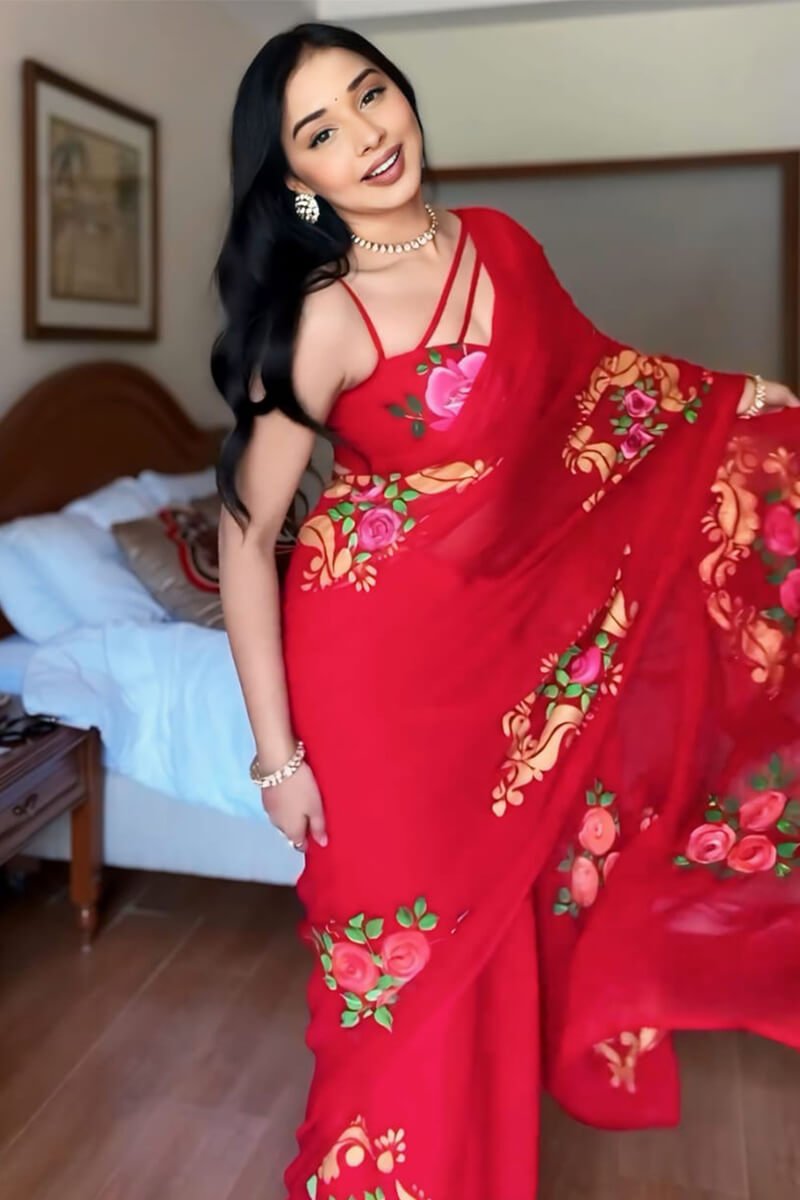 Forbearance 1-Minute Ready To Wear Red Georgette Saree - thelotusfab