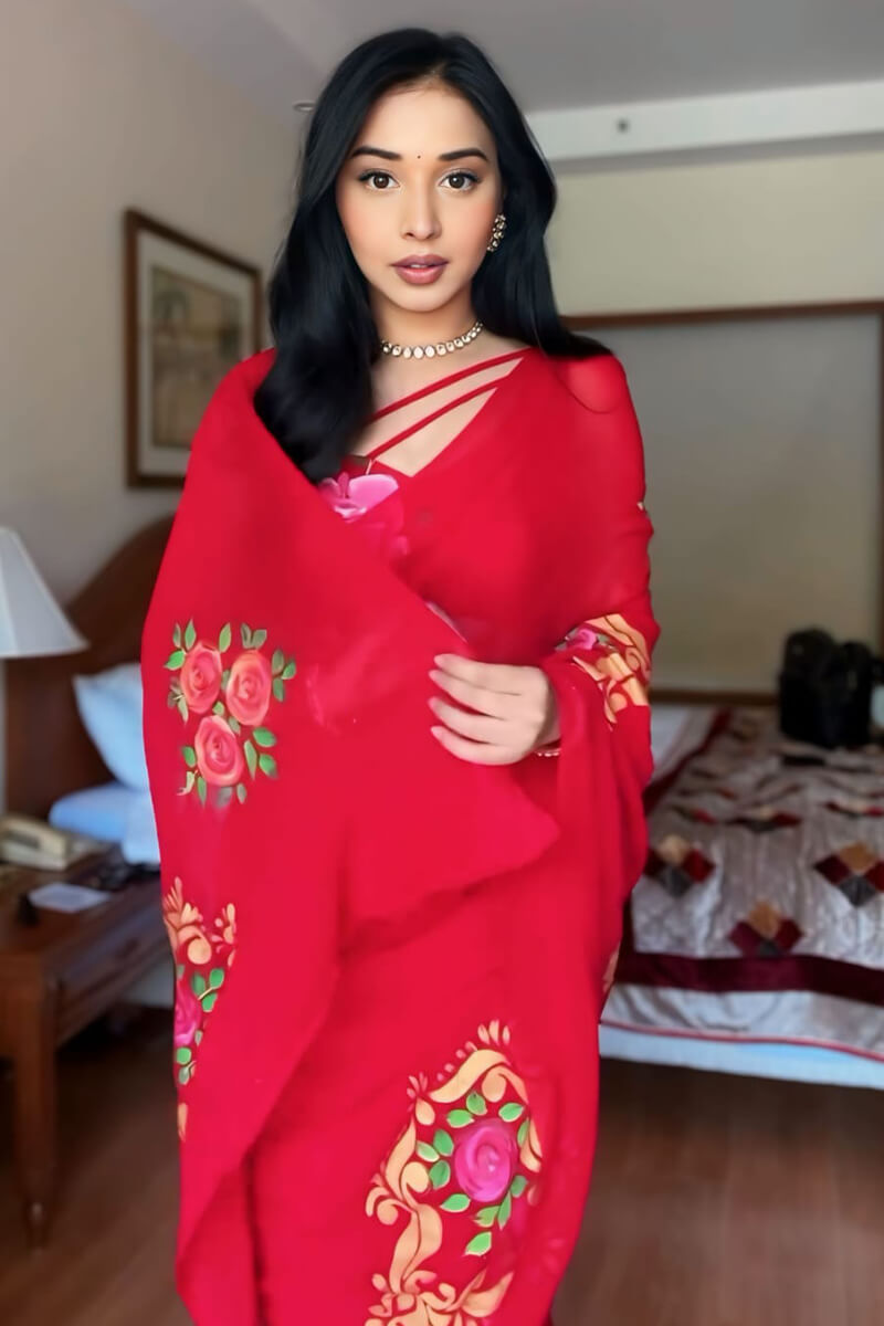 Forbearance 1-Minute Ready To Wear Red Georgette Saree - thelotusfab