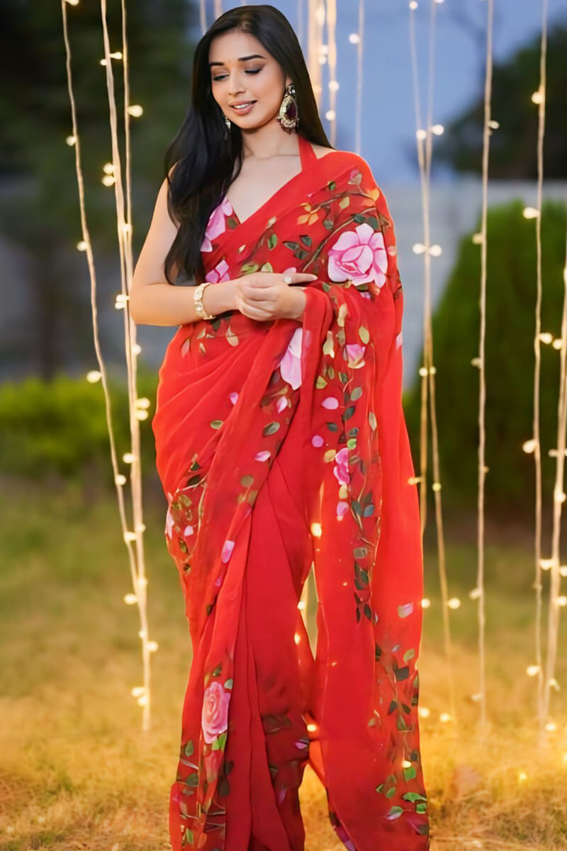 Bucolic 1-Minute Ready To Wear Red Georgette Saree - thelotusfab