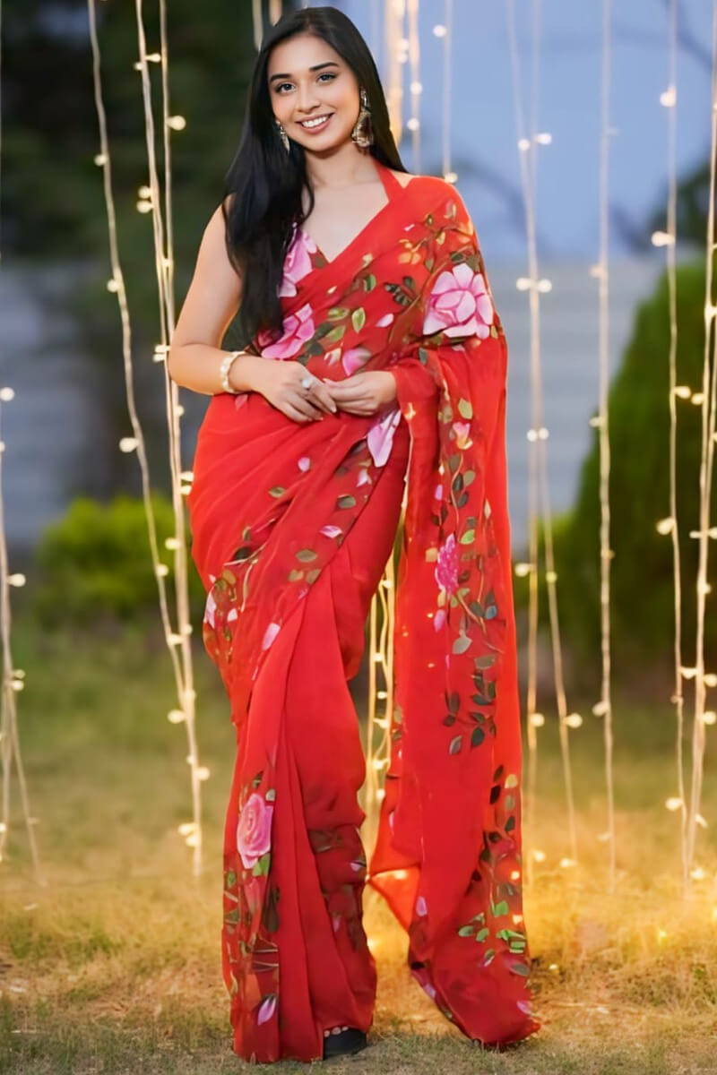 Bucolic 1-Minute Ready To Wear Red Georgette Saree - thelotusfab