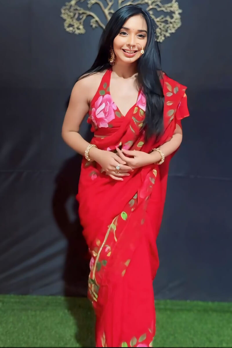 Bucolic 1-Minute Ready To Wear Red Georgette Saree - thelotusfab