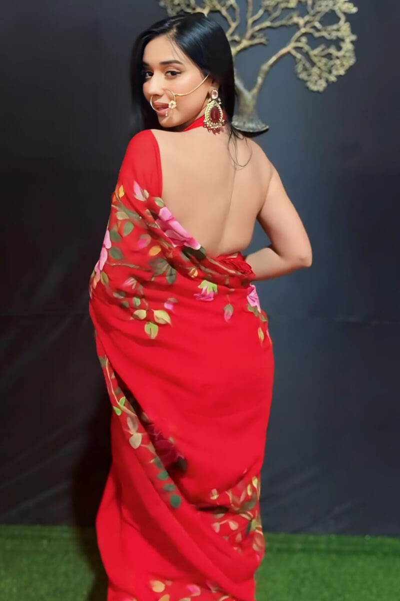 Bucolic 1-Minute Ready To Wear Red Georgette Saree - thelotusfab